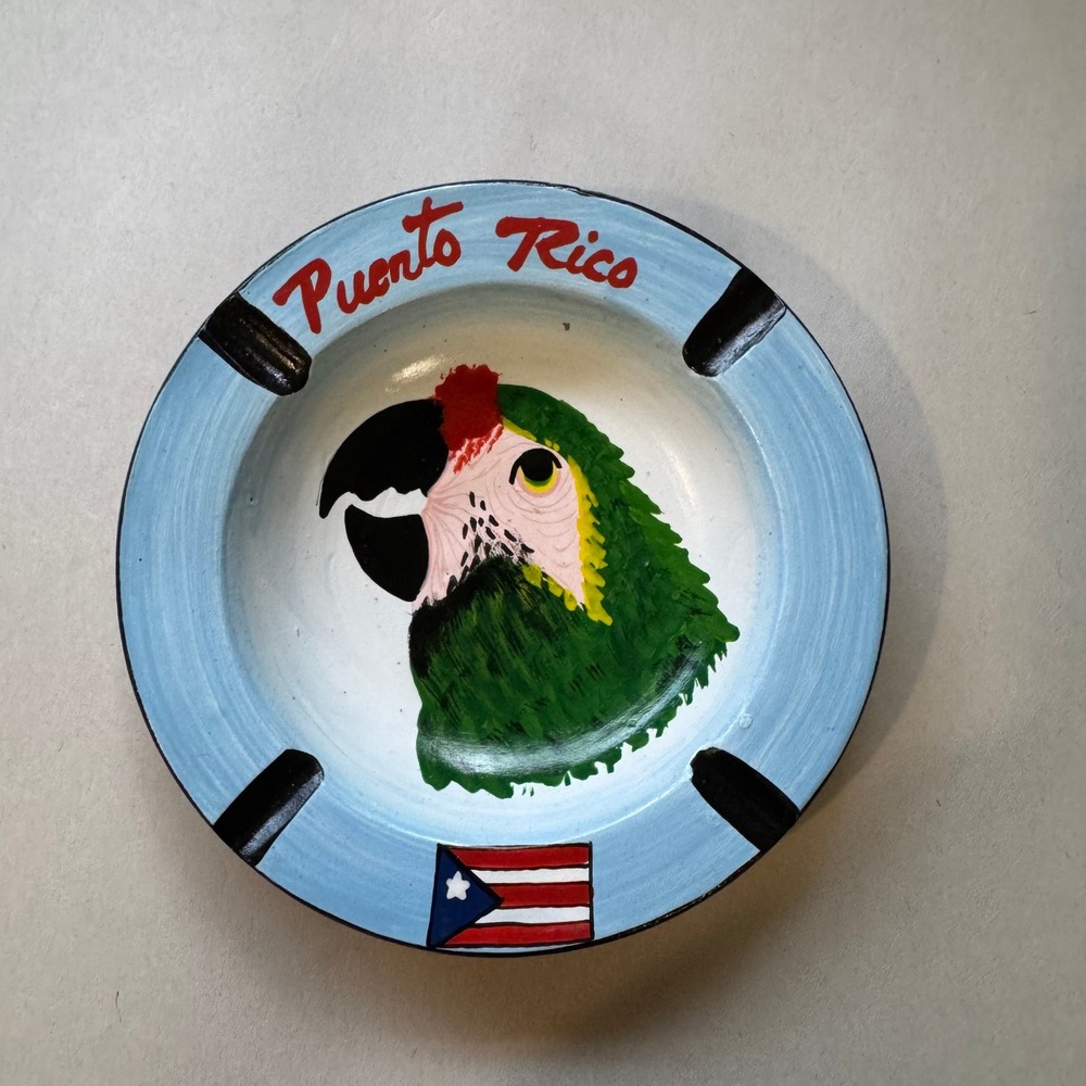 Puerto Rico Hand Painted Clay Ashtray Parrot Bird Flag Souvenir
